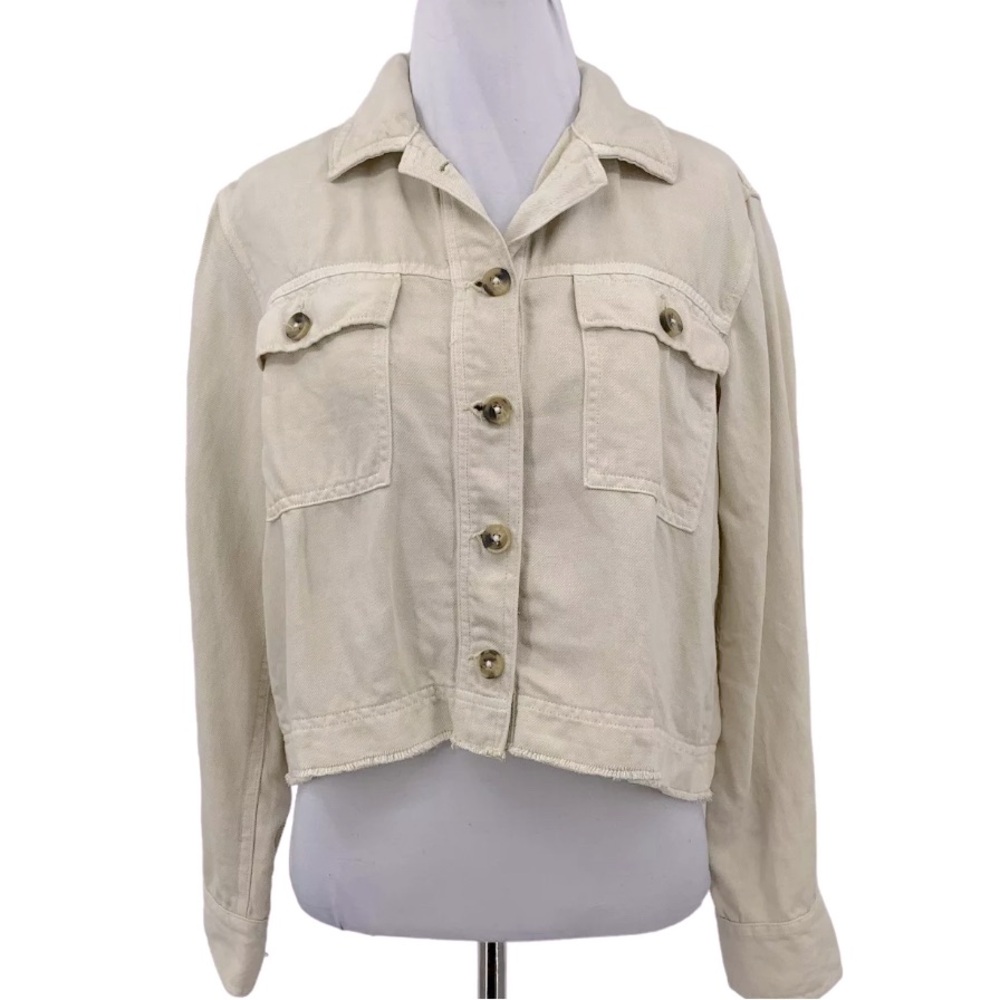 AERIE Cream cropped frayed-hem, linen blend jacket, women’s size small